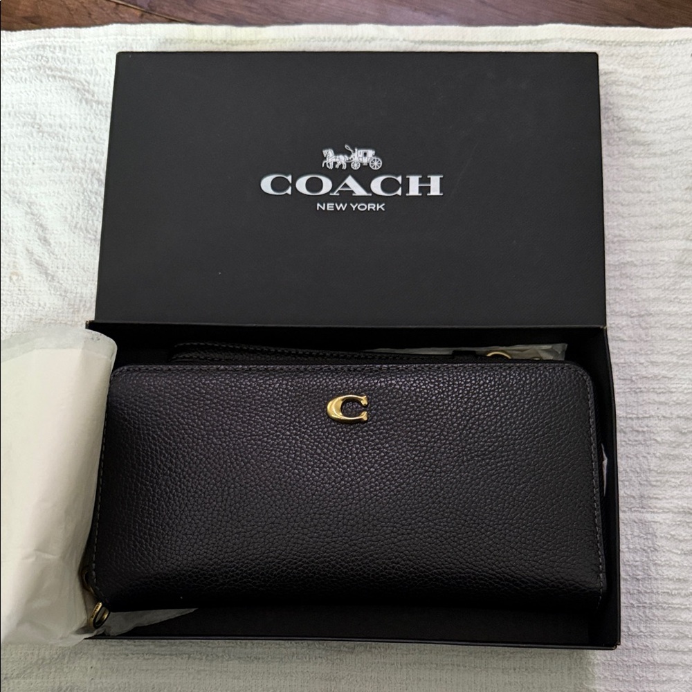 Coach Long Zip Around leather Wallet with Gold Accent and detachable strap